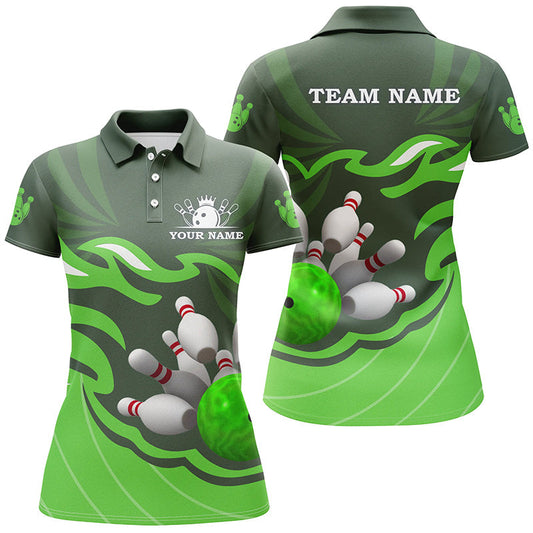 Damen-Bowling-Poloshirt – Individuelle Bowlingkugel & Pins, Team-Liga-Trikot, personalisiertes Bowling-Geschenk | Grün NQS6300