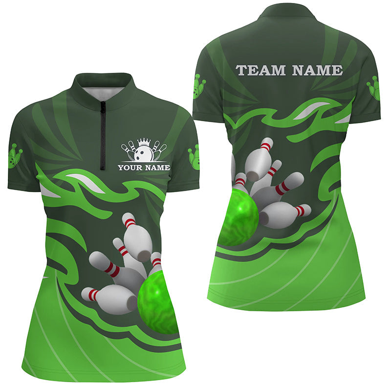Damen-Bowling-Quarter-Zip-Shirts – Individuelle Bowlingkugel & Pins, Team-Liga-Trikot, Bowling-Geschenk | Grün NQS6300