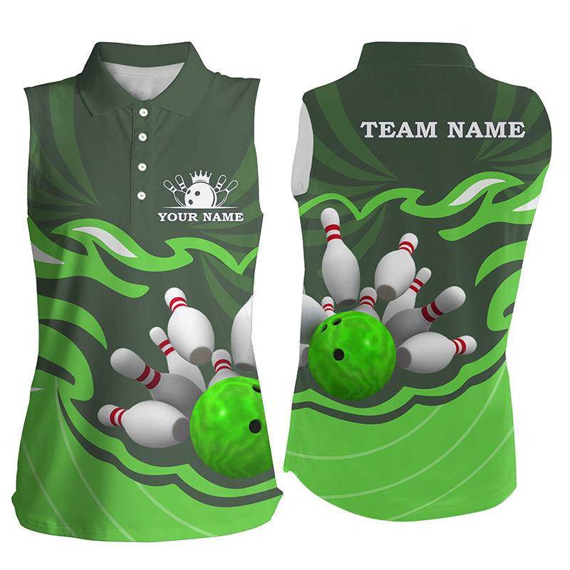 Damen-Ärmellose Bowling-Poloshirts – Individuelle Bowlingkugel & Pins, Team-Liga-Trikot, personalisierte Geschenke | Grün NQS6300