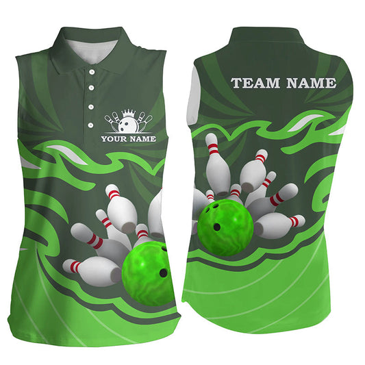 Damen-Ärmellose Bowling-Poloshirts – Individuelle Bowlingkugel & Pins, Team-Liga-Trikot, personalisierte Geschenke | Grün NQS6300