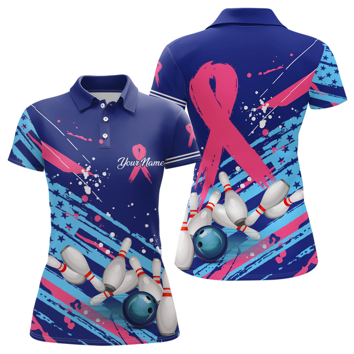 Damen-Bowling-Poloshirts – Individuelle blaue American Flagge, Pink Ribbon Bowling-Trikots, Brustkrebs-Bewusstsein NQS6339