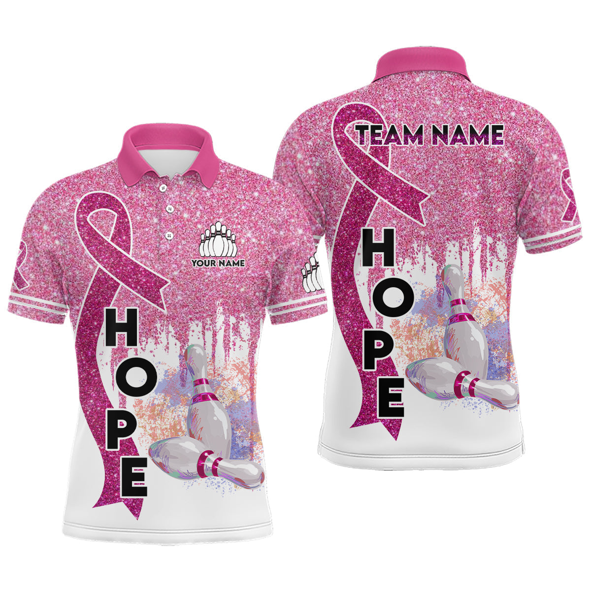 Pinkes Glitzerband Brustkrebsbewusstsein Bowlingtrikots – Individuelle Team-Bowling-Poloshirts für Herren NQS6555