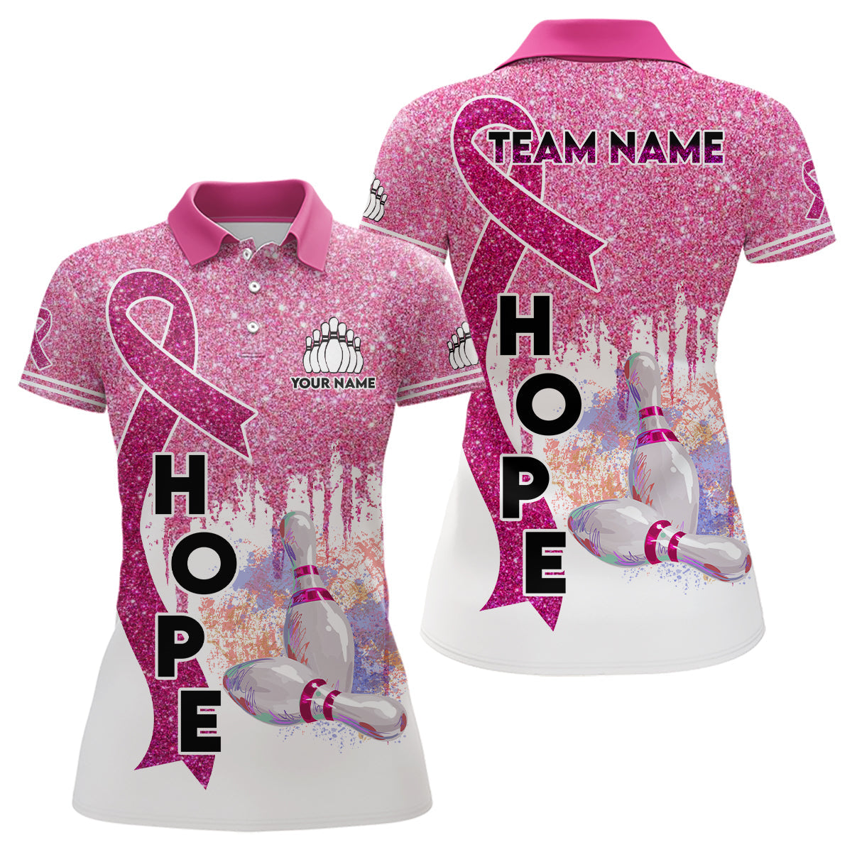 Pinkes Glitzerband Brustkrebsbewusstsein Bowlingtrikots – Individuelle Team-Bowling-Poloshirts für Damen NQS6555