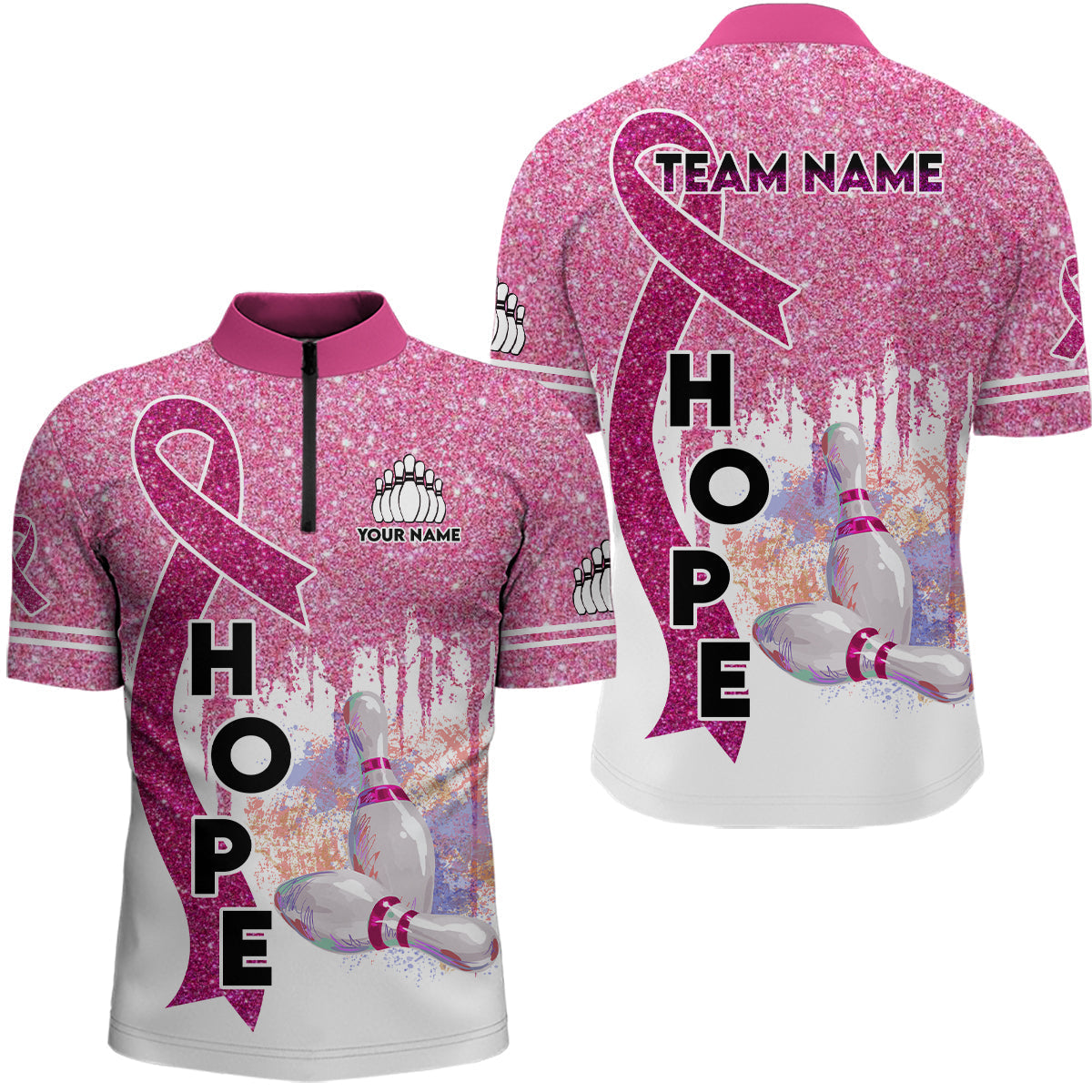 Pinkes Glitzerband Brustkrebsbewusstsein Bowlingtrikots – Individuelle Team-Quarter-Zip-Shirts für Herren NQS6555