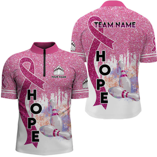 Pinkes Glitzerband Brustkrebsbewusstsein Bowlingtrikots – Individuelle Team-Quarter-Zip-Shirts für Herren NQS6555