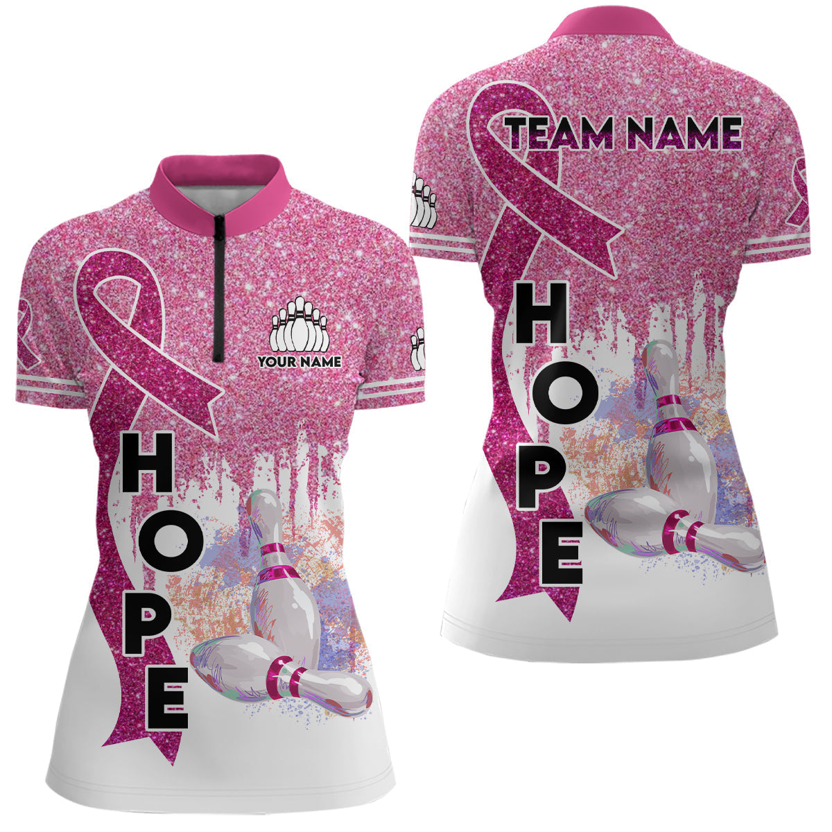 Pinkes Glitzerband Brustkrebsbewusstsein Bowlingtrikots – Individuelle Team-Quarter-Zip-Shirts für Damen NQS6555