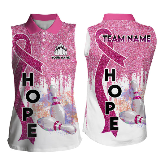 Pinkes Glitzerband Brustkrebsbewusstsein Bowlingtrikots – Individuelle ärmellose Bowling-Poloshirts für Damen NQS6555