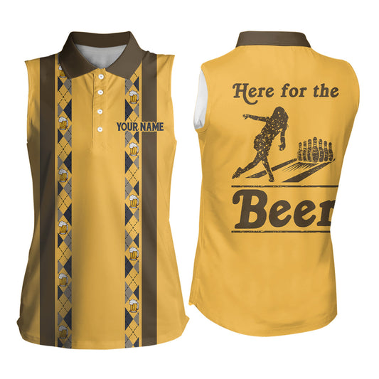 Personalisierte Gelbe Retro-Bowling-Ärmellose Poloshirts – Individuell „Here for the beer“ Bowling-Team-Trikots NQS6567