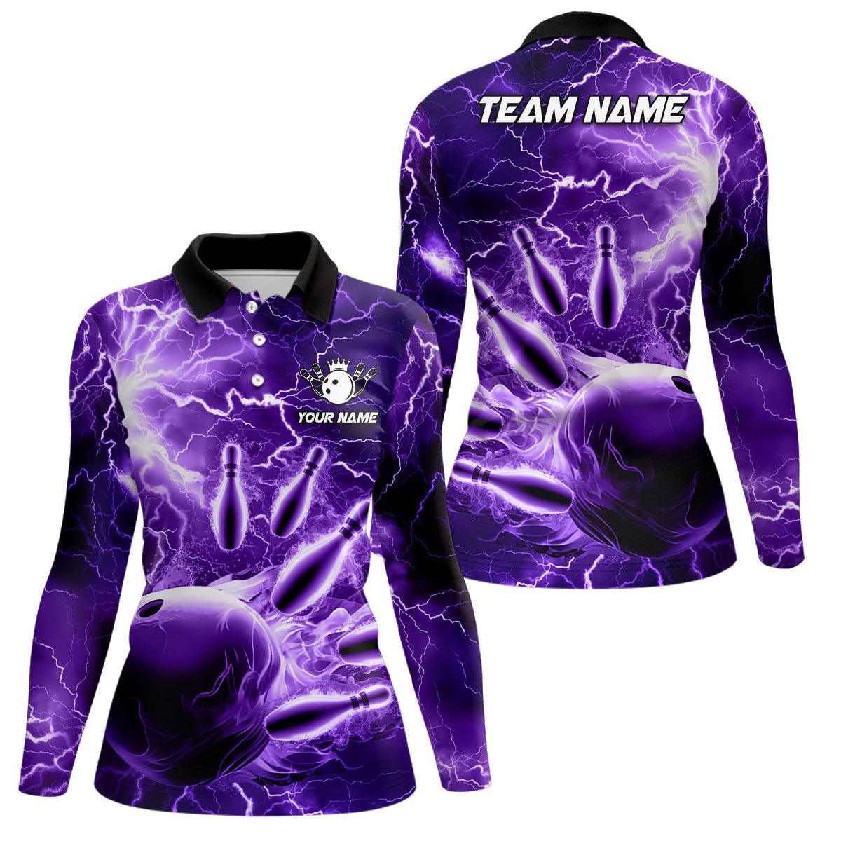 Damen-Bowling-Poloshirts – Individuelle Lila Blitz-Donner Bowling-Team-Trikots, Geschenk für Team-Bowler NQS6581