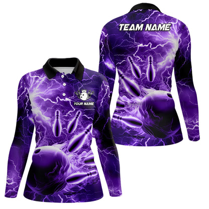 Damen-Bowling-Poloshirts – Individuelle Lila Blitz-Donner Bowling-Team-Trikots, Geschenk für Team-Bowler NQS6581