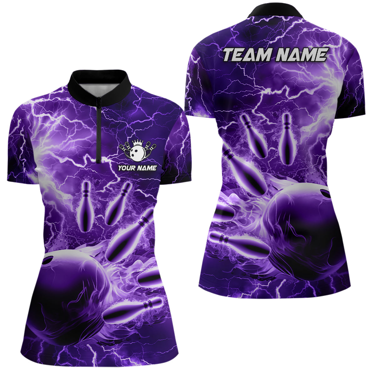 Damen-Bowling-Quarter-Zip-Shirts – Individuelle Lila Blitz-Donner Bowling-Team-Trikots, Geschenk für Bowler NQS6581