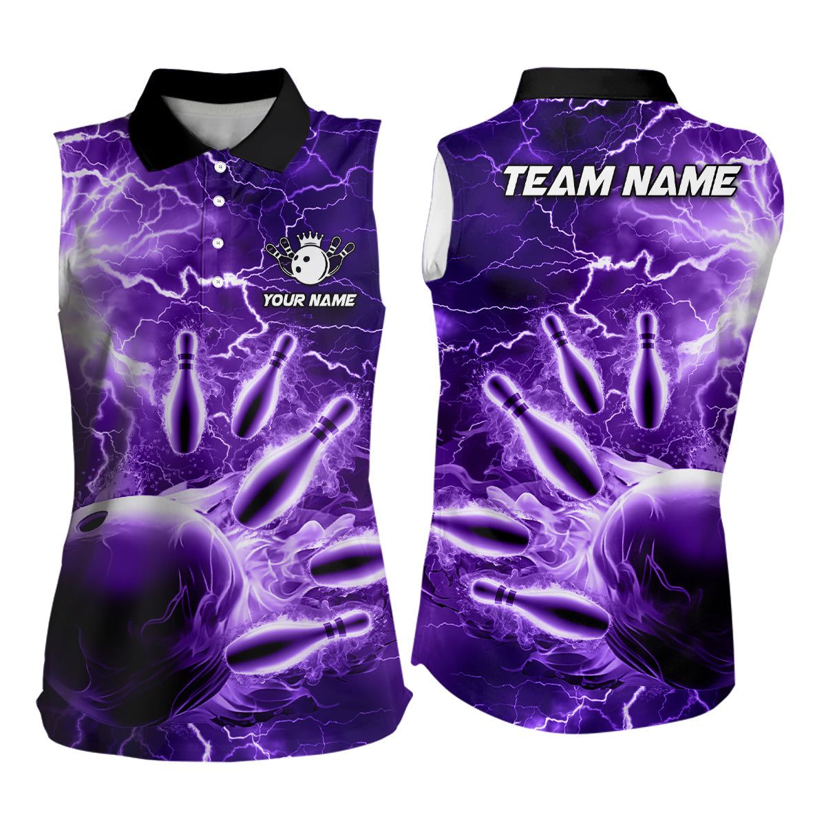 Damen-Ärmellose Bowling-Poloshirts – Individuelle Lila Blitz-Donner Bowling-Team-Trikots NQS6581