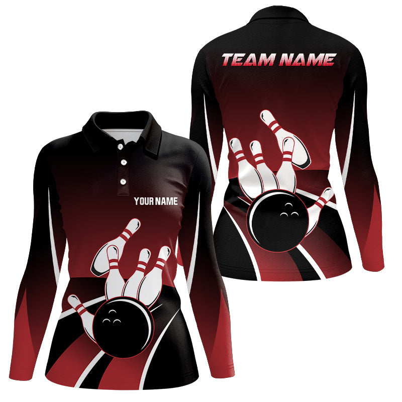Rot-schwarze Damen-Bowling-Poloshirts – Individuelle Bowlingkugel & Pins Team-Trikots, Geschenk für Team-Bowler NQS6148