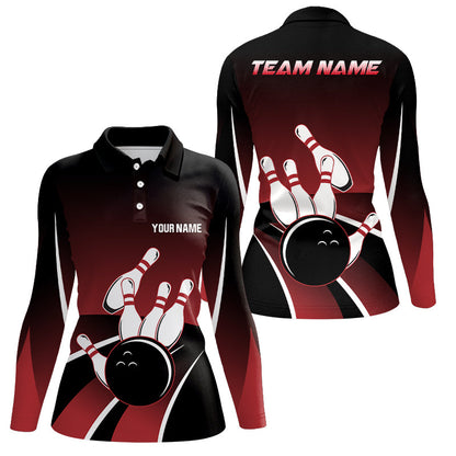 Rot-schwarze Damen-Bowling-Poloshirts – Individuelle Bowlingkugel & Pins Team-Trikots, Geschenk für Team-Bowler NQS6148