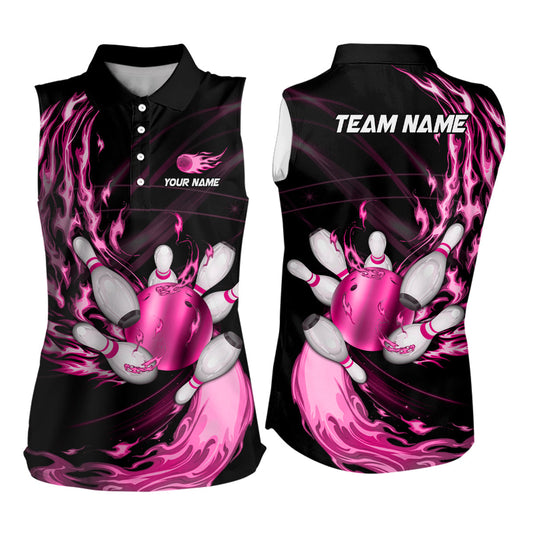 Schwarzes ärmelloses Bowling-Poloshirt – Maßgeschneidert mit pinker Flamme, Bowlingkugel und Kegeln, Teamliga-Bowler-Trikots NQS8483