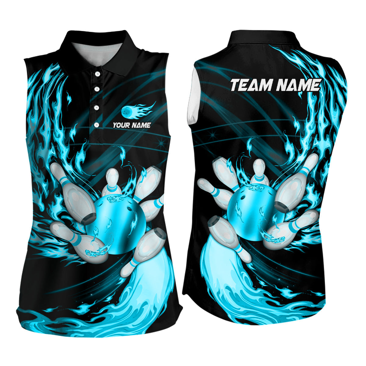 Schwarzes ärmelloses Bowling-Poloshirt – Maßgeschneidert mit cyanblauer Flamme, Bowlingkugel und Kegeln, Teamliga-Bowler-Trikot NQS8486