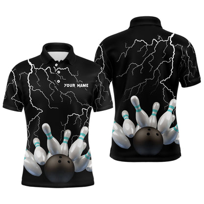 Schwarz-Blitz-Donner Herren-Bowling-Poloshirt – Bowlingkugel & Pins, Team-Trikots NQS6425