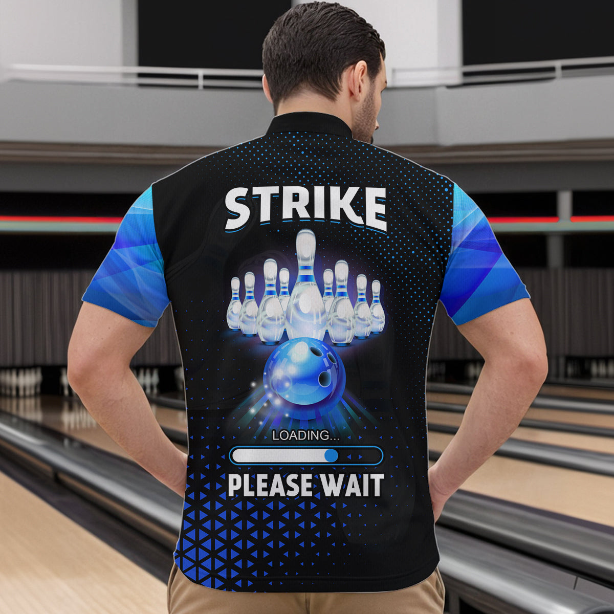 Lustige Herren-Bowling-Quarter-Zip-Shirts – Individuell „Strike loading, please wait“ Team-Bowling-Trikots | Blau NQS6675