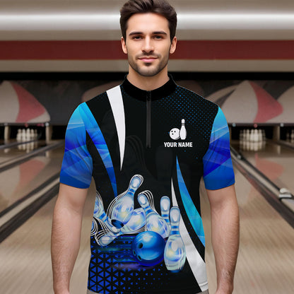 Lustige Herren-Bowling-Quarter-Zip-Shirts – Individuell „Strike loading, please wait“ Team-Bowling-Trikots | Blau NQS6675