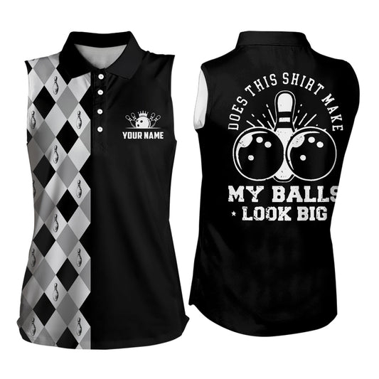 Lustige Schwarze Retro-Ärmellose Bowling-Poloshirts – Individueller Name „Does this shirt make my balls look big“ NQS6692