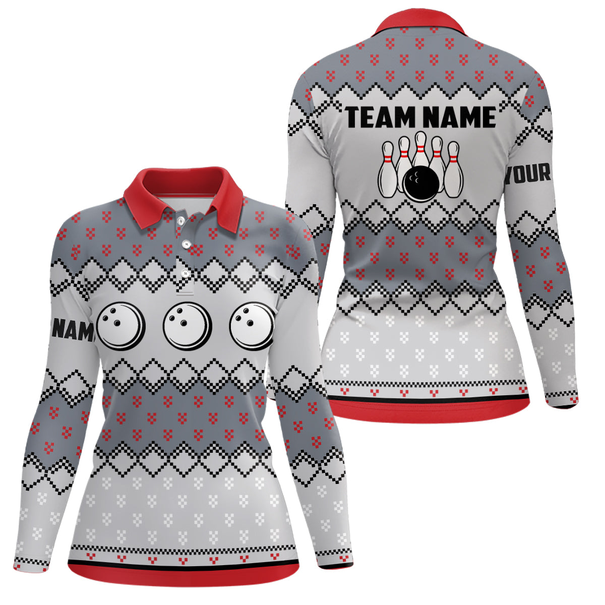 Damen-Bowling-Poloshirts – Individuelles Hässliches Weihnachtsmuster Bowlingkugel & Pins Team-Trikots für Damen NQS6727