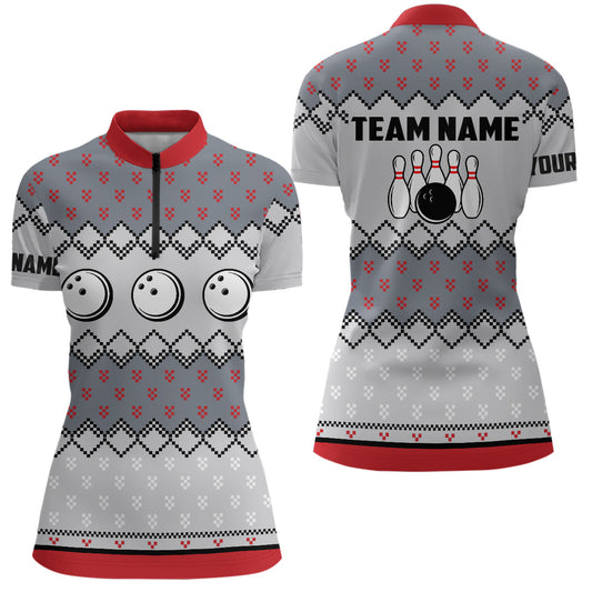 Damen-Bowling-Quarter-Zip-Shirts – Individuelles Hässliches Weihnachtsmuster Bowlingkugel & Pins Team-Trikots für Damen NQS6727