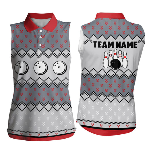Ärmellose Bowling-Poloshirts für Damen – Individuelles Hässliches Weihnachtsmuster Bowlingkugel & Pins Team-Trikots für Damen NQS6727