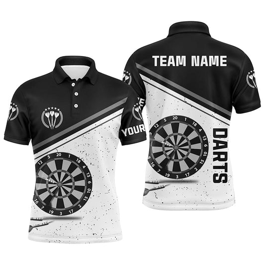 Schwarz-weißes Grunge-Dart Herren Poloshirt mit Namen – Individuelle Dartshirts für Männer Darttrikot LDT0626
