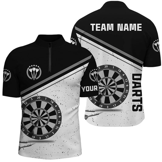Schwarz Weiß Grunge Darts Quarter Zip Shirt mit Namen – Individuelles Männer Darts Shirt Dart Trikot LDT0626