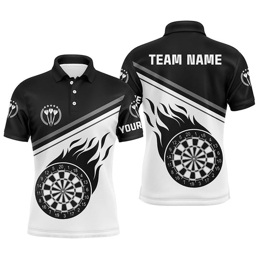 Schwarz-weißes Flammen-Dart Herren Poloshirt mit Namen – Individuelles Dartshirt für Männer Darttrikot LDT0627