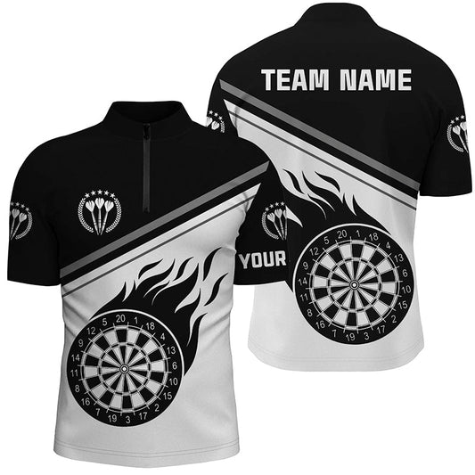 Schwarz Weiß Flamme Darts Quarter-Zip Shirt mit Namen – Individuelles Männer Darts Shirt Dart Trikot LDT0627