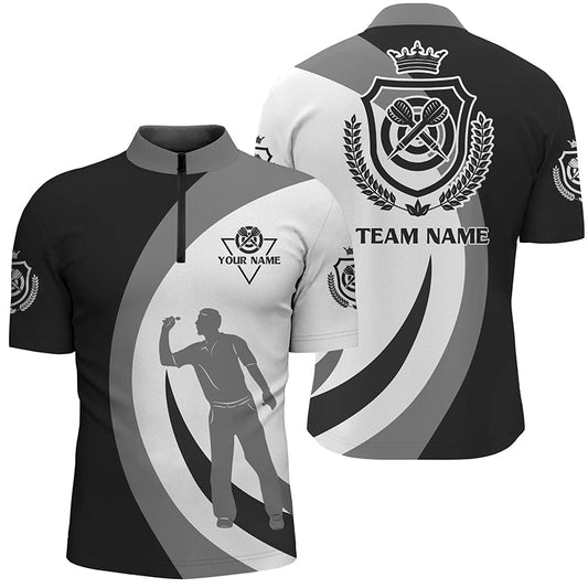 Individuelles Schwarz Graues Krone Emblem Custom Darts Quarter Zip Shirt – Cooles Männer Dart Trikot LDT0365
