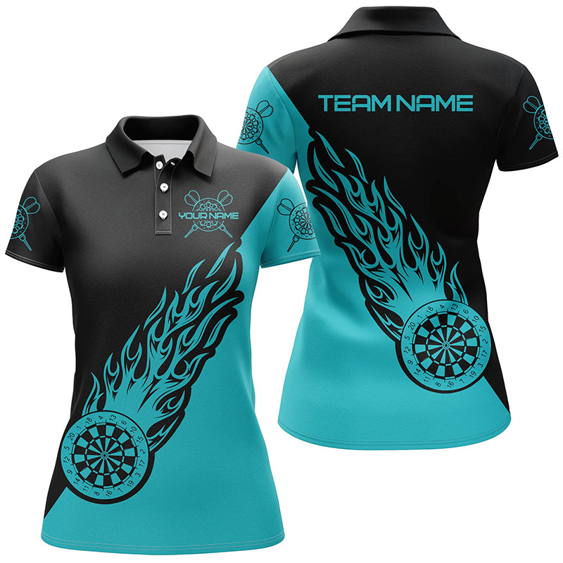 Personalisiertes Türkis & Schwarz Flamme Darts Poloshirt – Darts Shirt für Damen Dart Trikot LDT0696