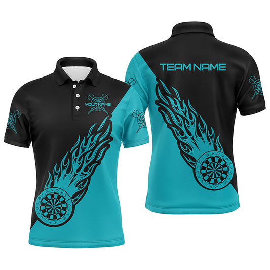 Individuelles türkis-schwarzes Flammen-Dart Herren Poloshirt – Dartshirt für Männer Darttrikot LDT0696