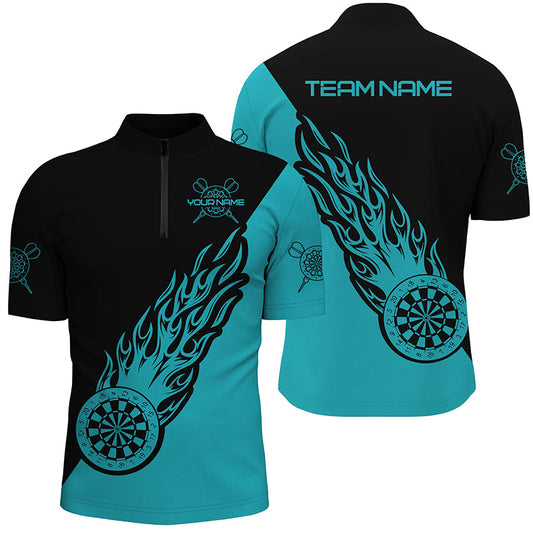 Individuelles Türkis & Schwarz Flamme Darts Quarter-Zip Shirt – Dart Shirt für Männer Dart Trikot LDT0696