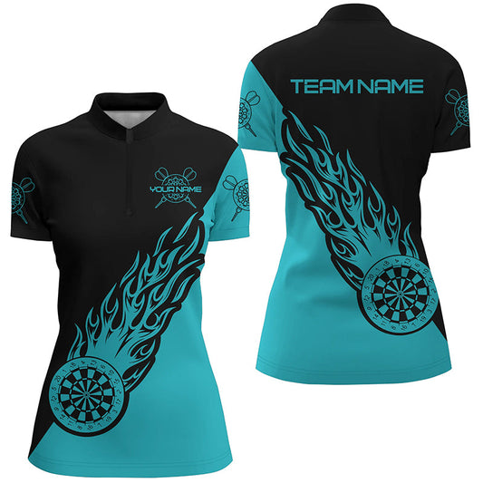 Individuelles Türkis & Schwarz Flame Darts Quarter-Zip Shirt, Damen Dart Shirt, Dart Trikot LDT0696
