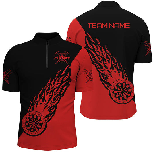 Individuelles Rot Schwarz Flamme Darts Quarter Zip Shirt – Individuelles Dart Shirt für Männer Dart Trikot LDT0697