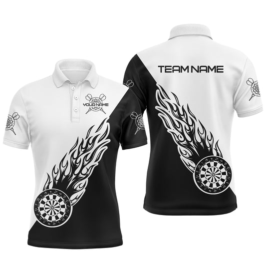 Individuelles schwarz-weißes Flammen-Dart Herren Poloshirt – Individuelles Dartshirt für Männer Darttrikot LDT0698