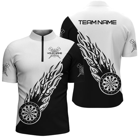 Individuelles Schwarz Weiß Flamme Darts Quarter Zip Shirt – Individuelle Männer Dart Shirts Dart Trikot LDT0698