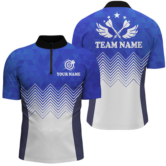 Darts Wings Blau Weiß Abstraktes Muster Quarter-Zip Shirt – Individuelles Dart Trikot für Männer LDT0397