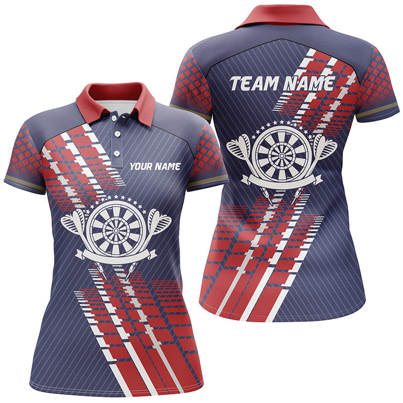 Personalisiertes Marineblau-Rot Geometrisches Muster Darts Poloshirt – Darts Trikot für Damen LDT0400