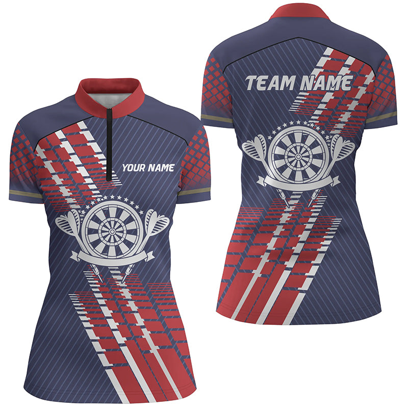 Individuelles Navy Blau Rot Geometrisches Muster Darts Quarter-Zip Shirt – Dart Trikot für Damen LDT0400