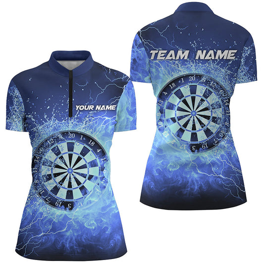 Blaues Feuer & Wasser Dartboard Damen Quarter-Zip Shirt – Individuelles Dart Team Trikot LDT1359