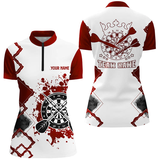 Rot Weiß Personalisiertes Darts Quarter-Zip Shirt – Individuelles Team Darts Trikot für Damen LDT0978