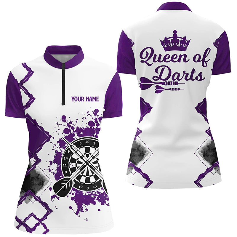 Queen Of Darts Lila Weiß Darts Quarter-Zip Shirt – Personalisiertes Dart Trikot für Damen LDT1222