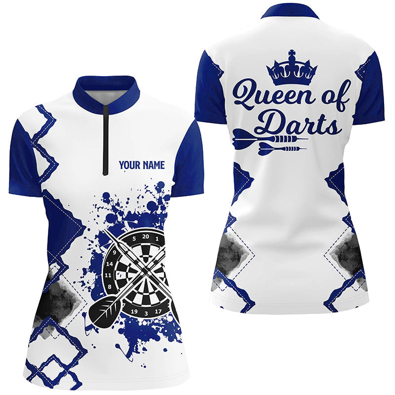 Queen Of Darts Blau Weiß Damen Darts Quarter-Zip Shirt – Individuelles Dart Trikot für Damen LDT1223