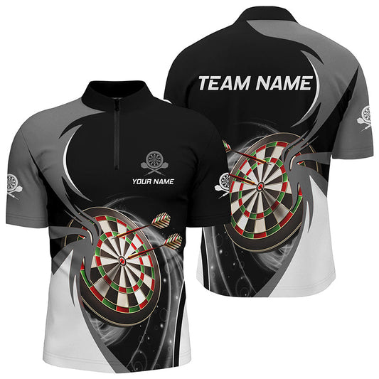 Personalisiertes Grau Schwarz Darts Quarter-Zip Shirt – Individuelles Darts Shirt für Männer Dart Trikots LDT1075