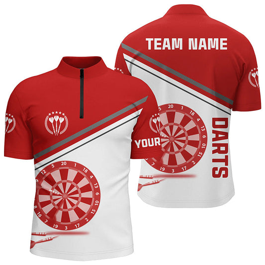 Rote Weiße Darts Quarter-Zip Shirt Mit Name – Individuelle Darts Shirts für Männer Dart Trikots LDT1297