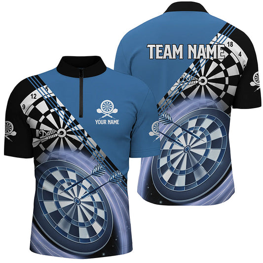Blau Männer Darts Quarter Zip Shirt mit Name – Maßgeschneiderte Dart Shirts für Männer Dart Trikot LDT0307