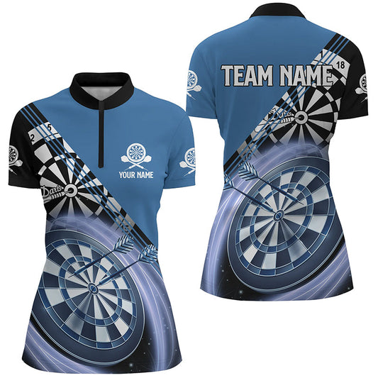 Blau Darts Quarter-Zip Shirt mit Namen – Anpassbare Darts Shirts für Frauen Dart Trikot LDT0307
